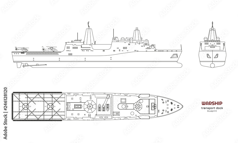 Outline image of military ship. Top, front and side view. Battleship 3d model. Industrial isolated drawing of boat. Warship USS