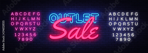 Outlet Sale neon text vector design template. Discount neon banner, light banner design element colorful modern design trend, night bright advertising, bright sign. Vector. Editing text neon sign
