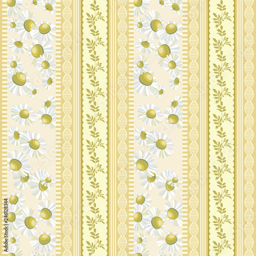 White daisies flowers and vertical border with leaves.Seamless pattern