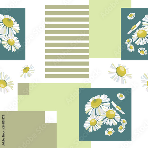 Geometric patchwork seamless pattern with white daisies