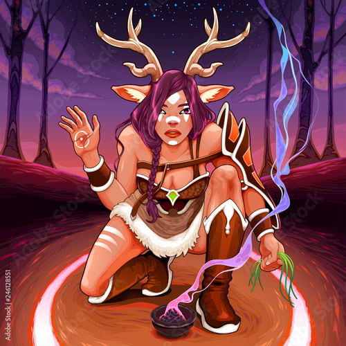 Female Faun is making an healing ritual in the wood
