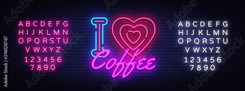 I Love Coffee neon sign vector. Coffee Shop Design template neon sign, light banner, neon signboard, nightly bright advertising, light inscription. Vector illustration. Editing text neon sign