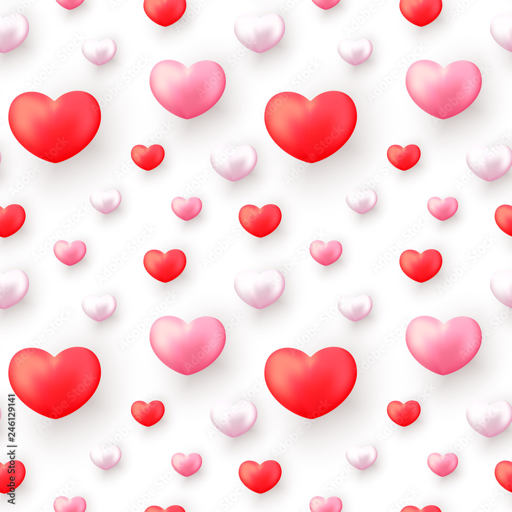 Valentines Day seamless pattern with realistic red and pink hearts isolated on white. Valentines Day background for festive decor, wrapping paper, print, textile, fabric, wallpaper.