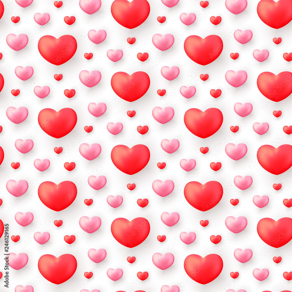 Valentines Day seamless pattern with realistic red and pink hearts isolated on white. Valentines Day background for festive decor, wrapping paper, print, textile, fabric, wallpaper.