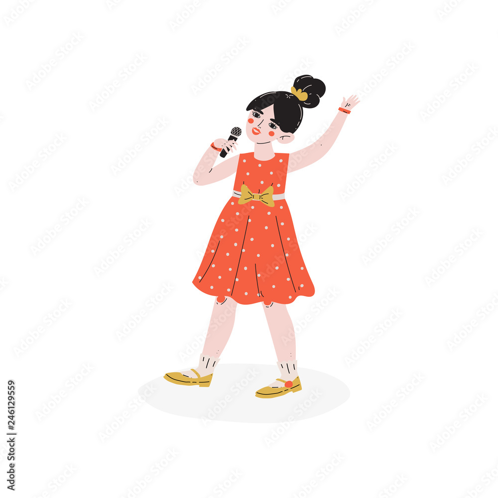 Girl Singing with Microphone, Talented Little Singer Character, Hobby, Education, Creative Child Development Vector Illustration