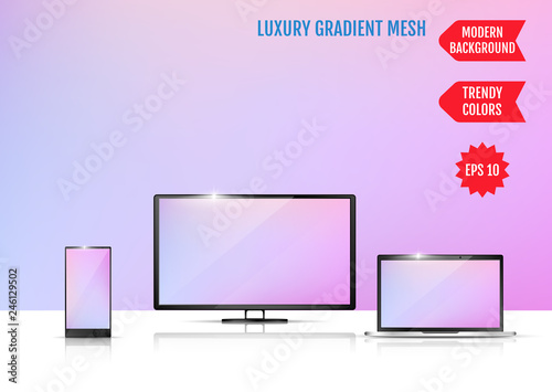Modern abstract background. Colors transition concept. Gradient mesh. Trendy colored Surface. An example of the use of the proposed background on the screen of a laptop, smartphone and TV