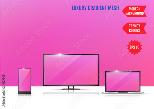Modern abstract background. Colors transition concept. Gradient mesh. Trendy colored Surface. An example of the use of the proposed background on the screen of a laptop, smartphone and TV