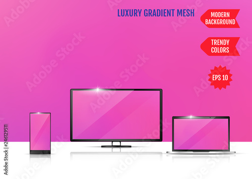Modern abstract background. Colors transition concept. Gradient mesh. Trendy colored Surface. An example of the use of the proposed background on the screen of a laptop, smartphone and TV
