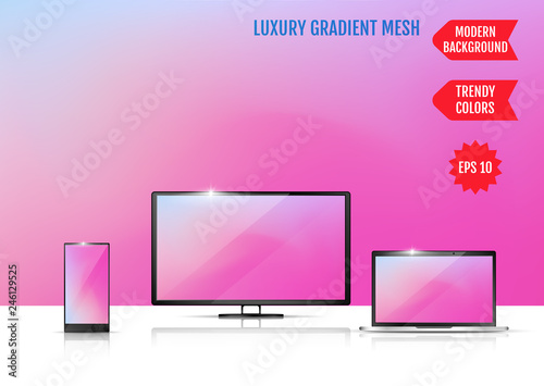 Modern abstract background. Colors transition concept. Gradient mesh. Trendy colored Surface. An example of the use of the proposed background on the screen of a laptop, smartphone and TV