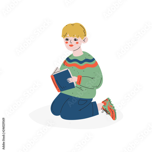 Teen Boy Sitting on Floor on His Knees and Reading Book, Education, Child Development Vector Illustration