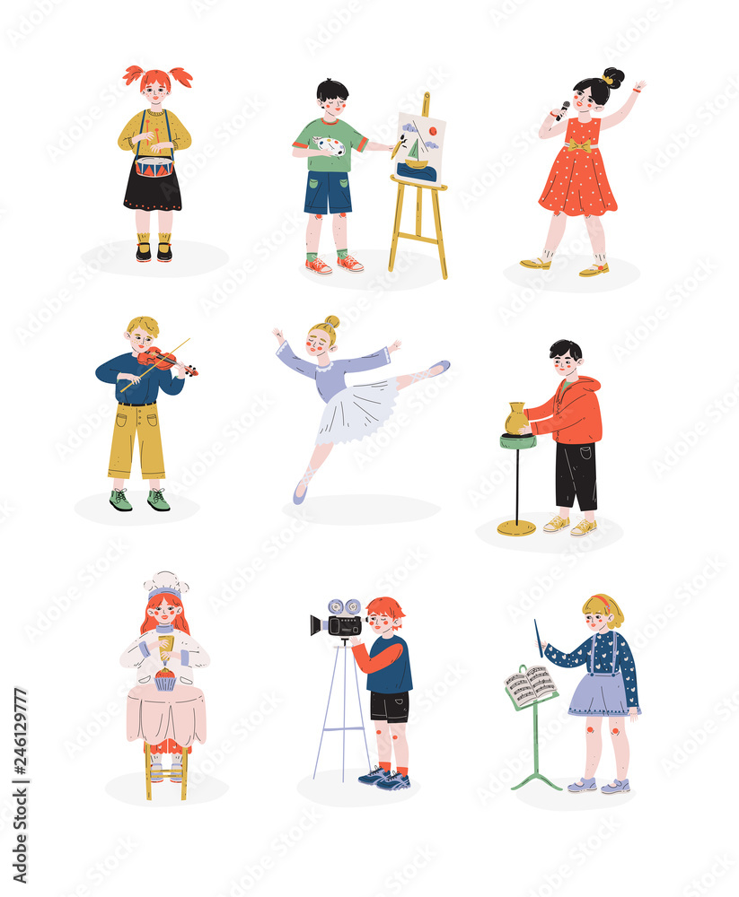 Children and their hobbies set, Boys and Girls Playing Music, Dancing, Singing, Cooking Hobby, Education, Creative Child Development Vector Illustration