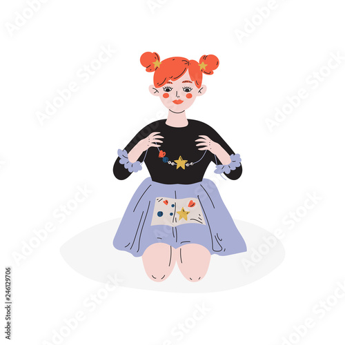 Girl Making Bracelets or Beads, Hobby, Education, Creative Child Development Vector Illustration
