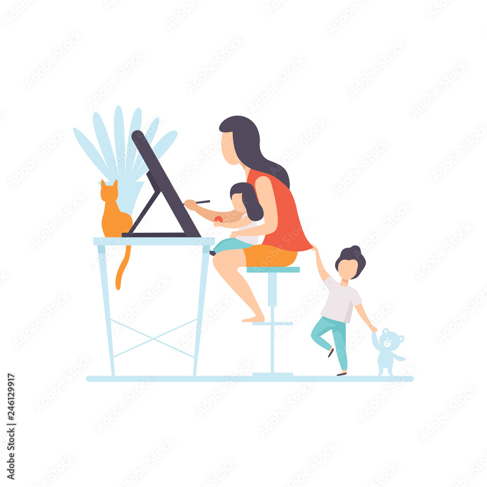 Young Mother Drawing Sketch on Tablet Screen, Woman Working at Home, Freelancer, Parent Working with Her Two Little Children, Mommy Businesswoman Vector Illustration Young Mother Drawing Sketch on Tablet Screen, Woman Working at Home, Freelancer, Parent Working with Her Two Little Children, Mommy Businesswoman Vector Illustration