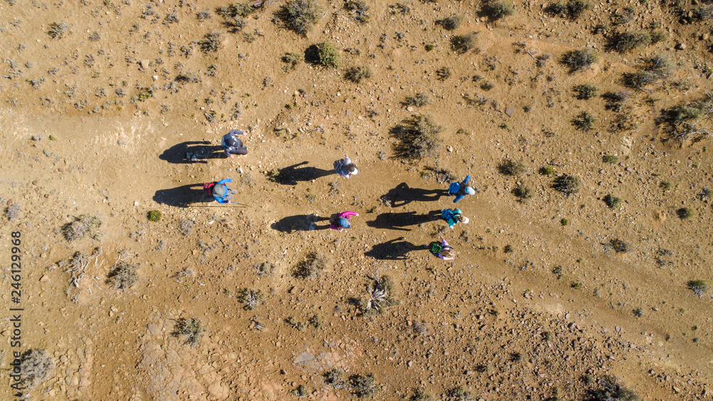 Aerial image of a group of hikers doing a hiking train in the karoo region of south africa