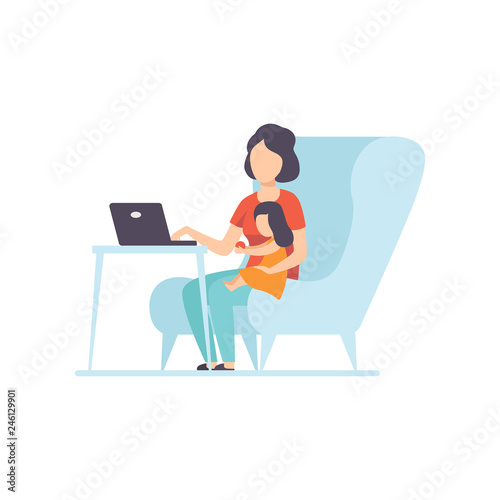 Mother Working at Home on Laptop Computer, Her Daughter Sitting Next to Her, Freelancer, Parent Working with Child, Mommy Businesswoman Vector Illustration