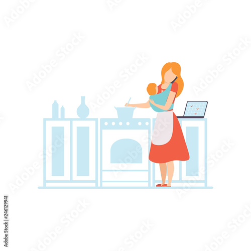 Young Mom with Baby in Sling Cooking in the Kitchen and While Working with Laptop, Freelancer, Parent Working with Child, Mommy Businesswoman Vector Illustration