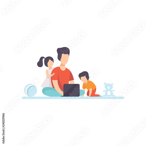 Young Mother Sitting on Floor and Working on Laptop Computer, Her Daughter and Son Playing Next to Her, Freelancer, Parent Working with Child, Mommy Businesswoman Vector Illustration