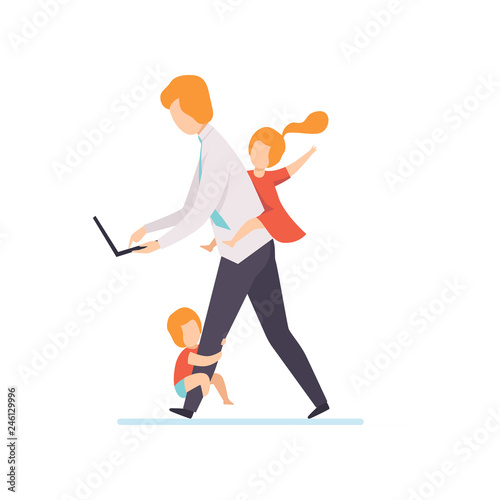 Dad Working on Laptop Computer While Kids Playinh with Him, Freelancer, Parent Working with Children, Business Father Vector Illustration