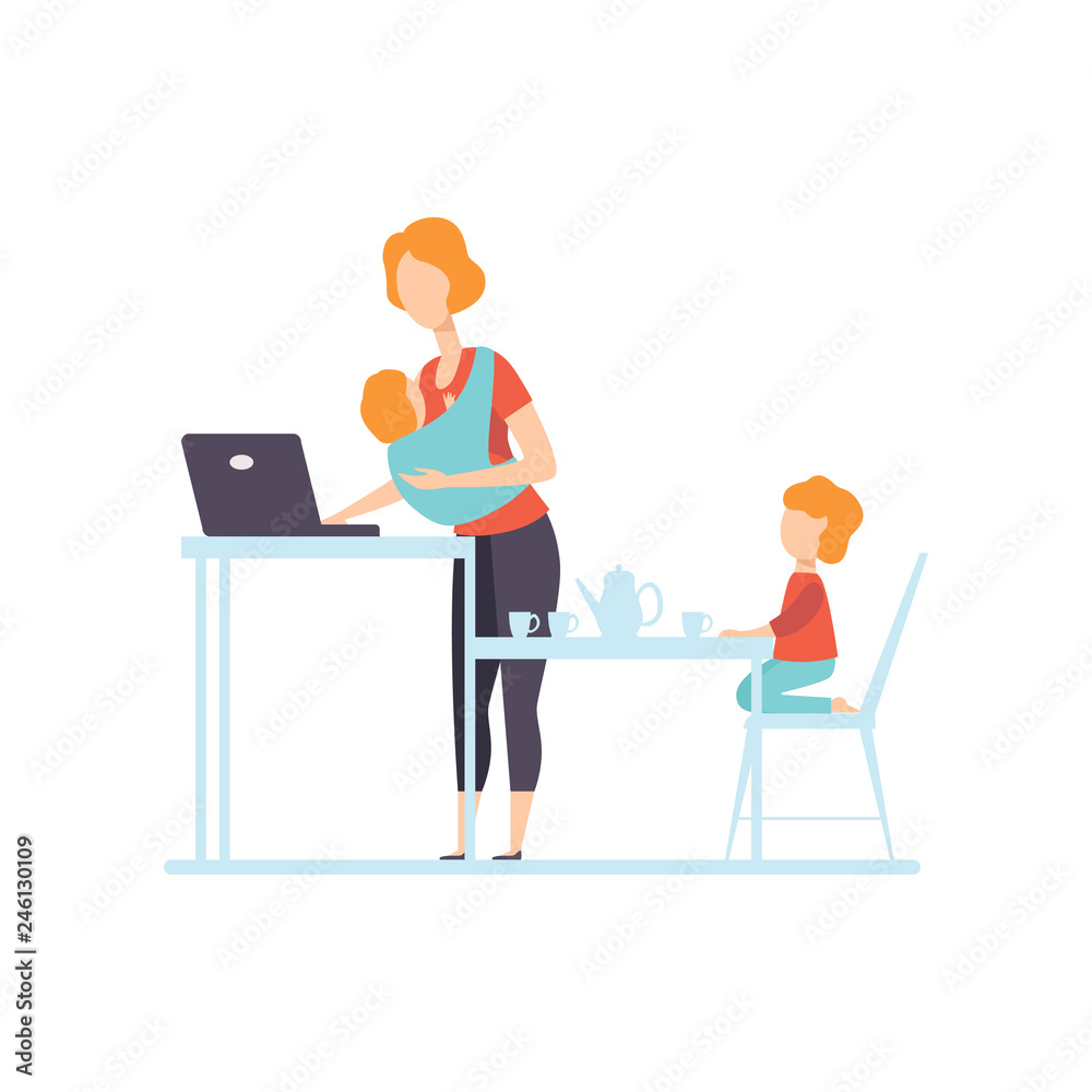Young Mom with Baby in Sling Working on Laptop Computer, Her Oldest Daughter Playing Next To Her, Freelancer, Parent Working with Child, Mommy Businesswoman Vector Illustration