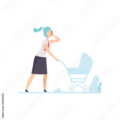 Young Mom in Business Clothes Walking with Stroller and Talking on Phone, Freelancer, Parent Working with Child, Mommy Businesswoman Vector Illustration