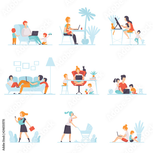 Parents Working at Home on Computers Set, Their Children Playing Next to Them, Mothers and Fathers Working with Children, Businesspeople Vector Illustration