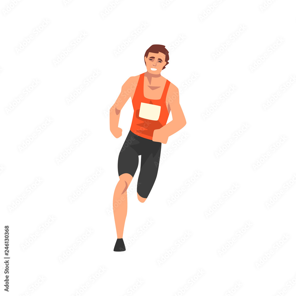 Male Athlete Running Track, Sportsman Character in Uniform, Front View, Active Sport Healthy Lifestyle Vector Illustration