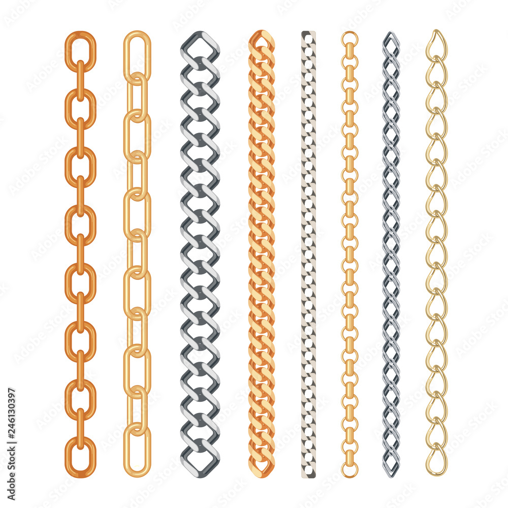 Fashion golden and silver chain set isolated on white. Fashion golden and silver chain set isolated on white.