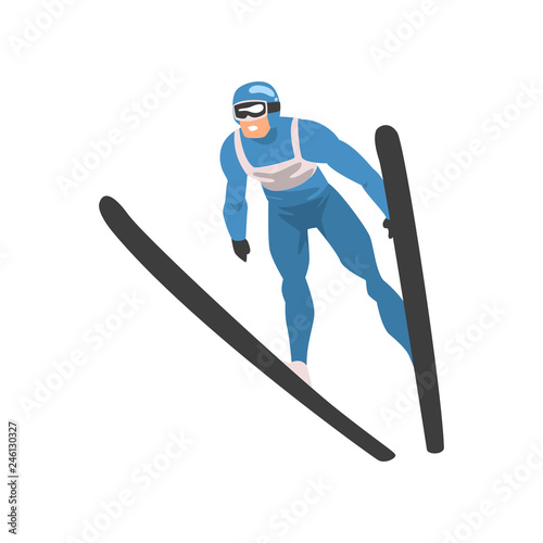Freestyle Skier Jumping, Male Athlete Character in Sports Uniform, Active Sport Healthy Lifestyle Vector Illustration