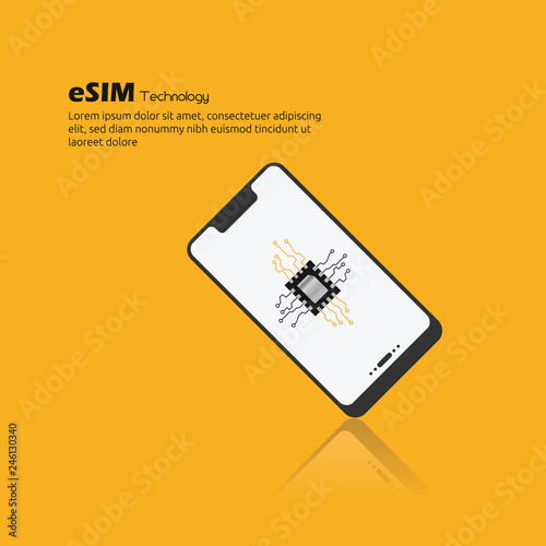 eSIM Embedded SIM card network symbol concept. SIM concept with new mobile communication technology. Reflection design with orange background.