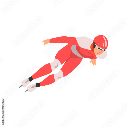 Short Track Speed Skater, Male Athlete Character in Sports Uniform, Active Sport Healthy Lifestyle Vector Illustration