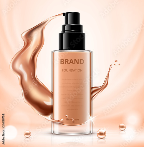 Cosmetic package design, foundation bottle mockup for design uses in complexion color tone. Vector realistic illustration