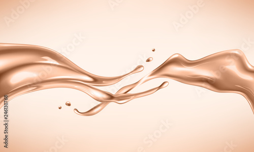 Liquid foundation elements. Splashing beige liquid, flow of creamy texture isolated on background. Vector realistic illustration
