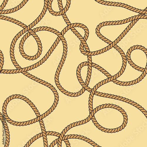 Natural brown tangled twine rope on beige seamless pattern, vector
