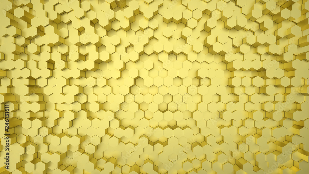Geometric hexagonal abstract gold background. Surface with hexagonal honeycomb pattern, light and shade. 3D illustration Geometric hexagonal abstract gold background. Surface with hexagonal honeycomb pattern, light and shade. 3D illustration