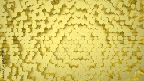 Geometric hexagonal abstract gold background. Surface with hexagonal honeycomb pattern, light and shade. 3D illustration