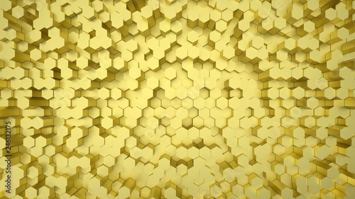 Geometric hexagonal abstract gold background. Surface with hexagonal honeycomb pattern, light and shade. 3D illustration