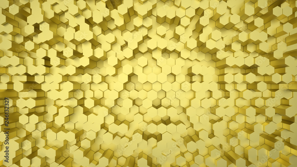Geometric hexagonal abstract gold background. Surface with hexagonal honeycomb pattern, light and shade. 3D illustration Geometric hexagonal abstract gold background. Surface with hexagonal honeycomb pattern, light and shade. 3D illustration