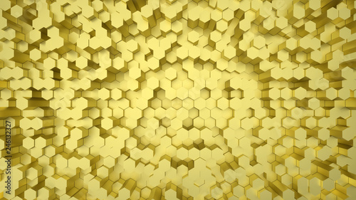Geometric hexagonal abstract gold background. Surface with hexagonal honeycomb pattern, light and shade. 3D illustration