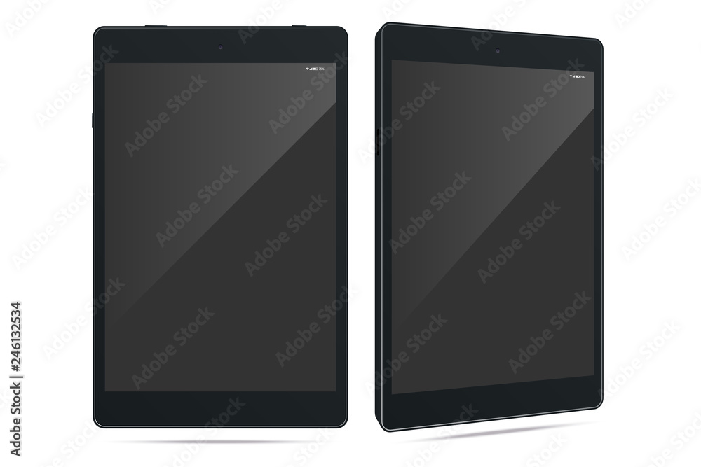 Two black tablets with blank screen. Device mock up. Two black tablets with blank screen. Device mock up.