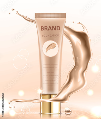 Cosmetic package design, blank foundation tube mockup for design uses in complexion color tone. Realistic vector illustration