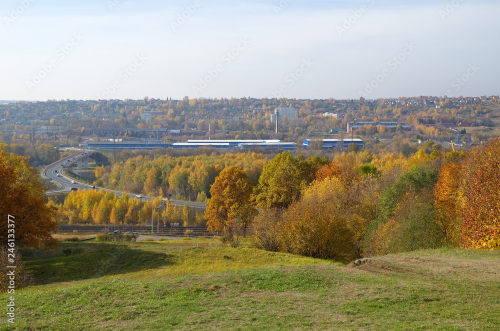 View of the Dmitrov highway and the bridge over the channel name of Moscow from Peremilovskaya height. Dmitrov district, Moscow region, Russia