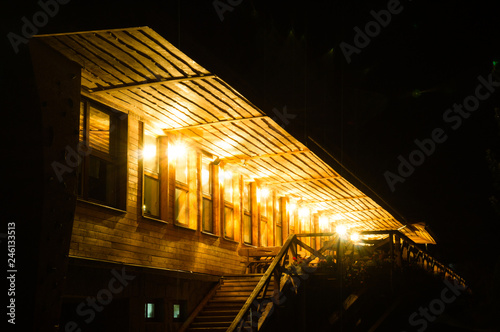 Horsky Hotel Popradske Pleso in the night. Tatransky narodny park. Vysoke Tatry. Slovakia.