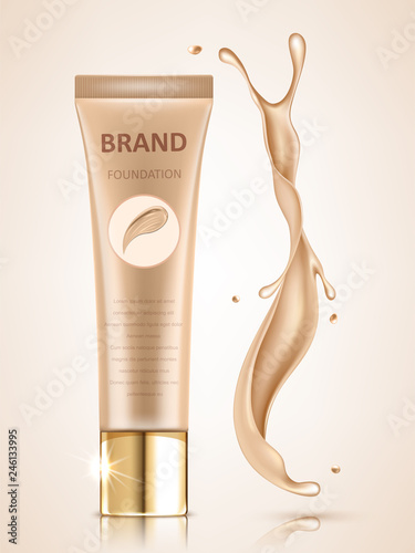 Cosmetic package design set, blank foundation tube mockup for design uses in complexion color tone. Realistic vector illustration