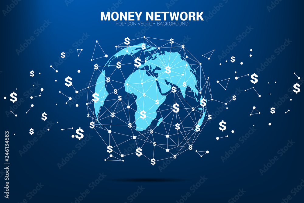 World Globe with money dollar icon polygon dot connected line. Concept for financial network connection.