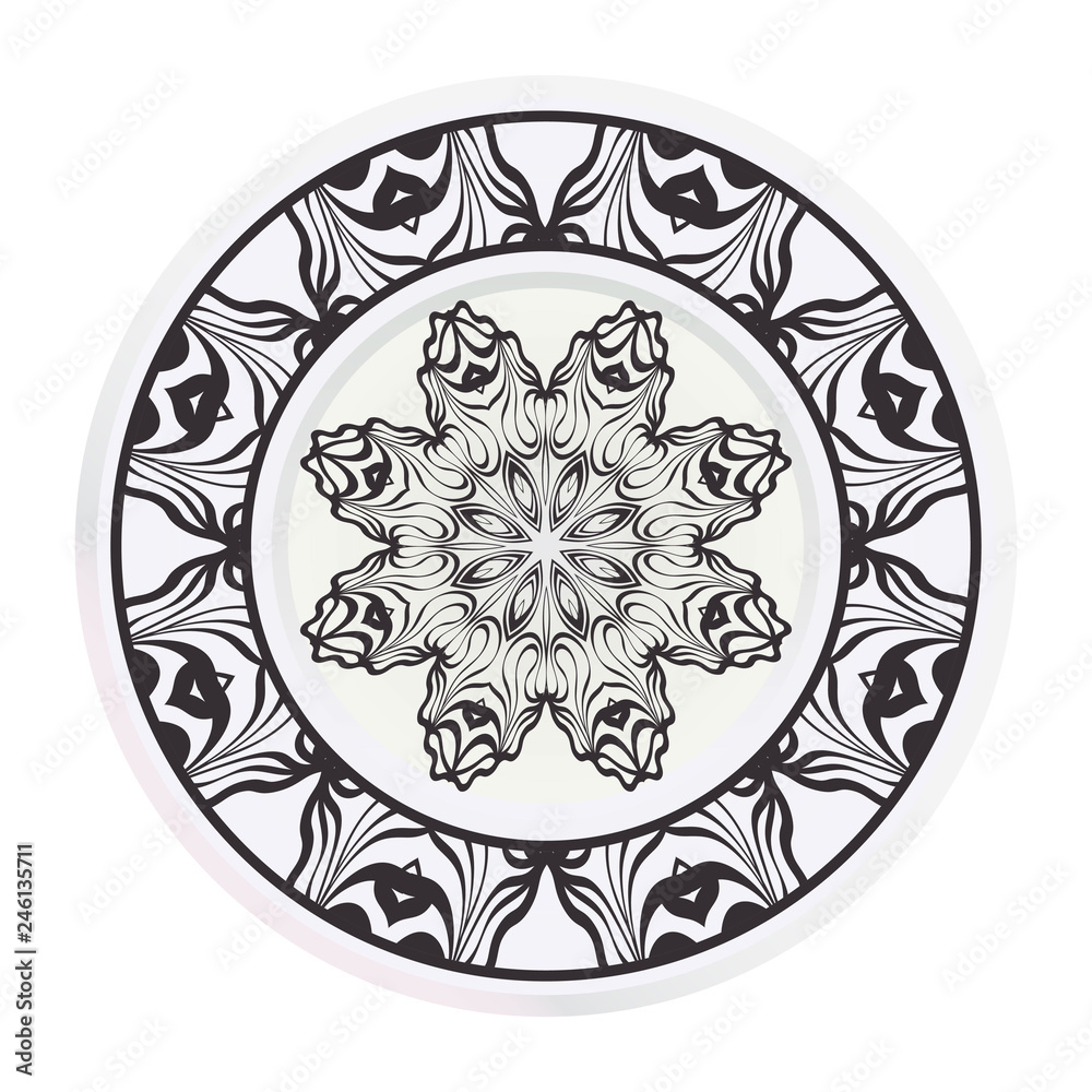 Plates for interior design. Porcelain plate with mandala ornament. Vector illustration. Isolated. Round geometric floral pattern. Interior decoration, home decor element