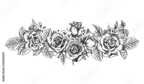 Floral frame. Hand drawn sketch of roses, leaves and branches Detailed vintage botanical illuatration.