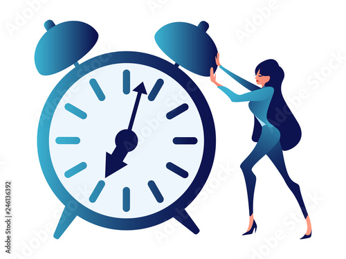 Overtime, ambiguous, time management. Abstract concept, a businessman is pushing a clock. In minimalist style.