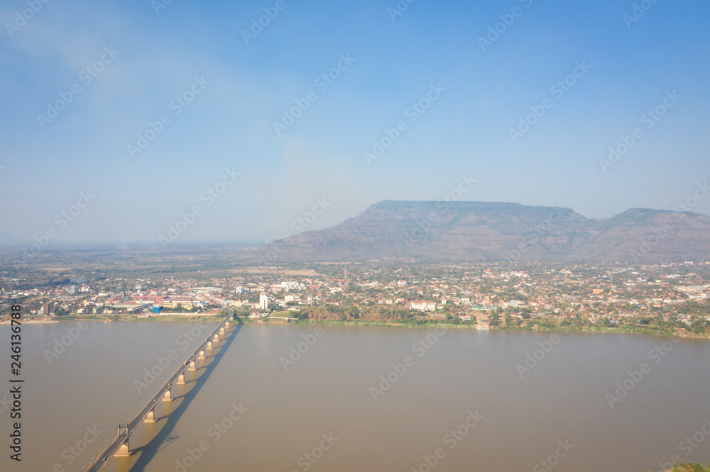 Top view of Pakse Bridge and Mekong River in Laos