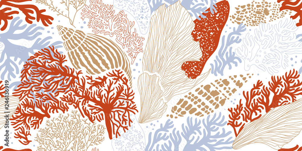 Sea shells, algae and corals. Hand-drawn seamless pattern. Vector illustration for printing, fabric, textile, manufacturing, wallpapers. Sea bottom.