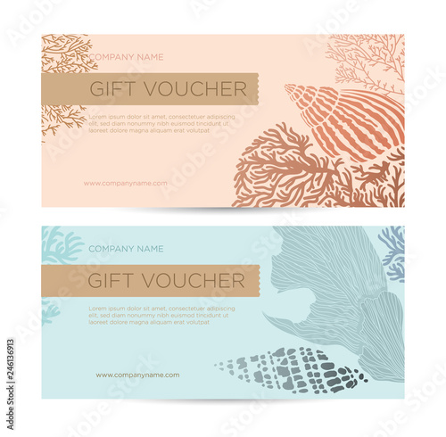 Gift card or certificate with sea shells, algae and corals. Coupon template for special offers organic shop, beauty salon, spa and seafood restaura